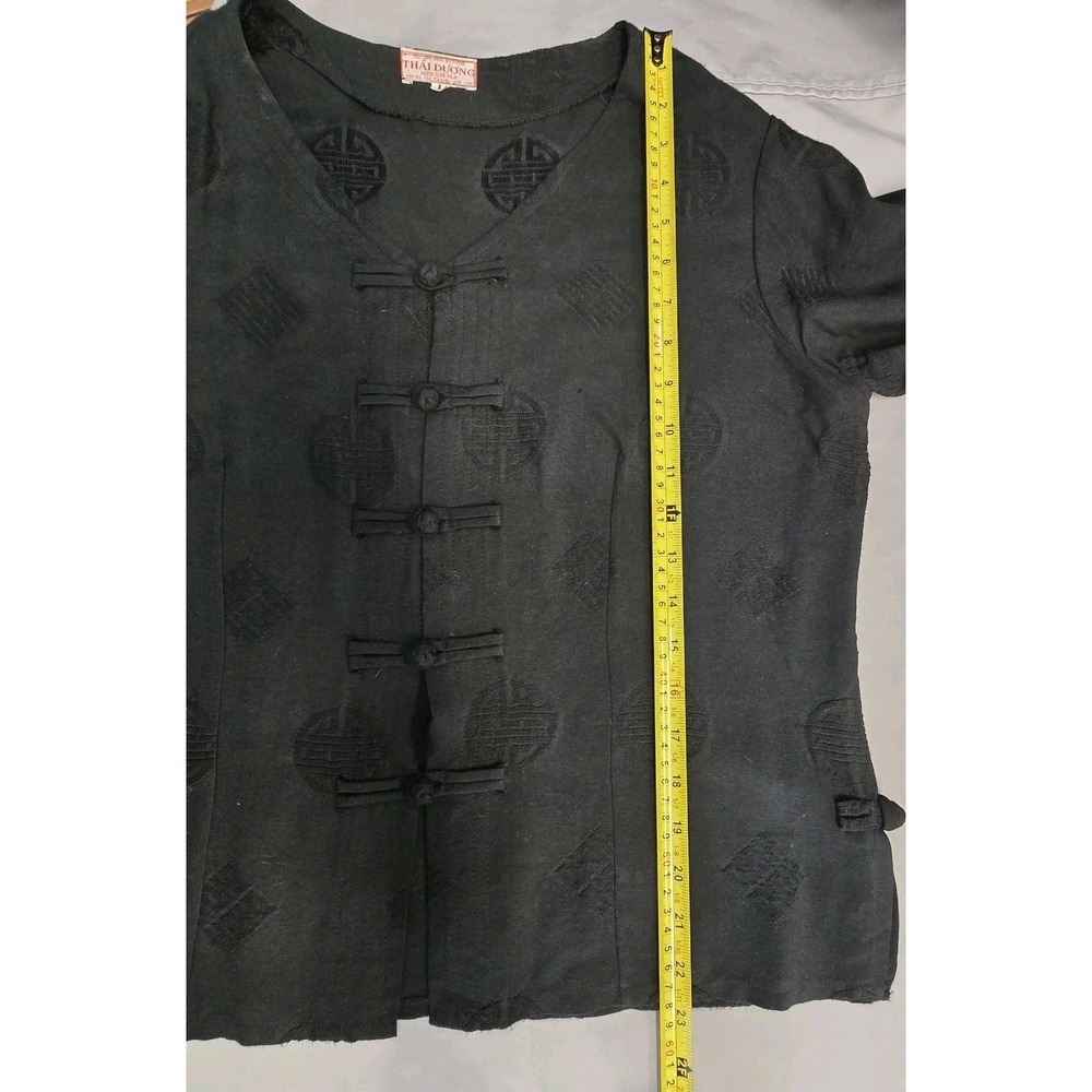 Thai Doung Womens Black Oriental Styled Top Sz Large Soie Silk Looped Buttons - Picture 5 of 5